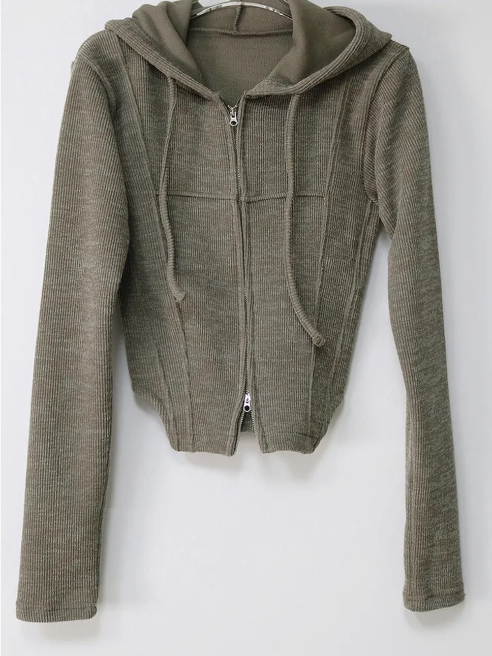 Ribbed Zip-Up Hoodie in Olive Taupe - Picture 2 of 3